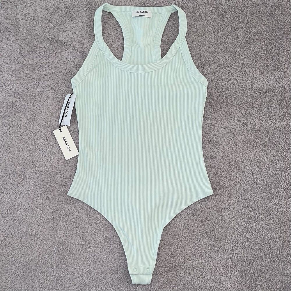 NWT Babaton Mint Green Ribbed Knit Bodysuit Size S Racer Back Thong Snap Buttons